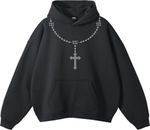 Load image into Gallery viewer, ROSARY RHINESTONE HOODIE CHAROCAL
