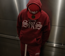 Load image into Gallery viewer, FORGIVE MY SYNS RHINESTONE HOODIE &quot;CRIMSON RED&quot;
