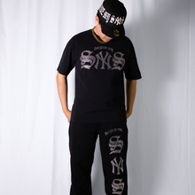 Load image into Gallery viewer, FORGIVE MY SYNS RHINESTONE SWEATPANTS BLACK
