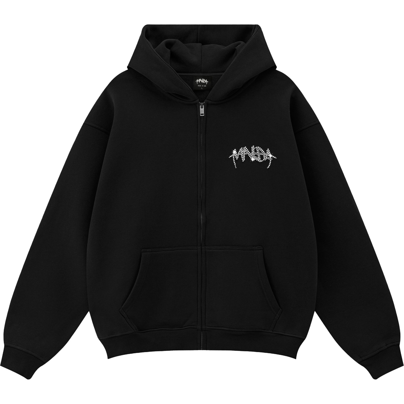 MNDA RHINESTONE ZIP UP HOODIE BLACK