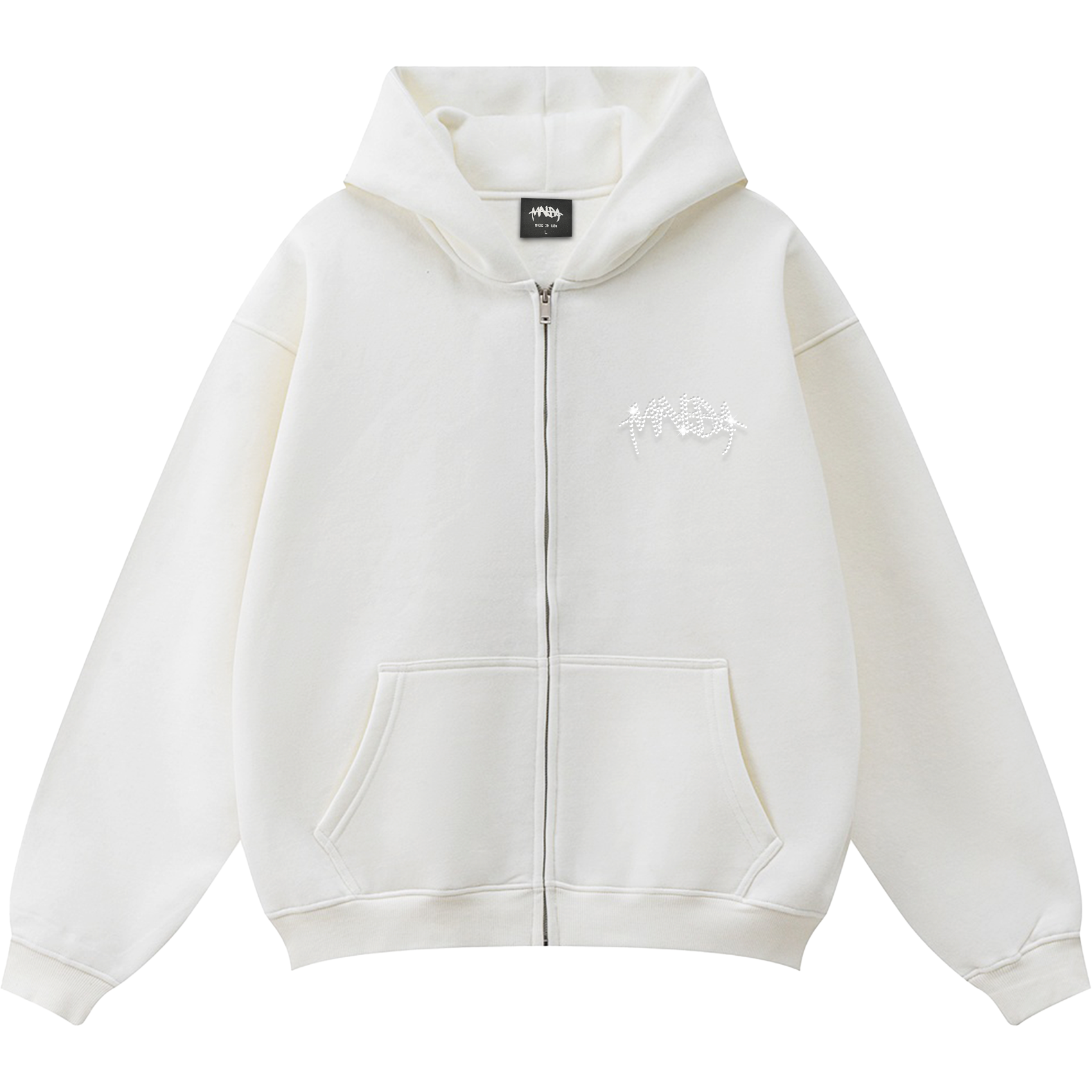 MNDA RHINESTONE ZIP UP HOODIE WHITE