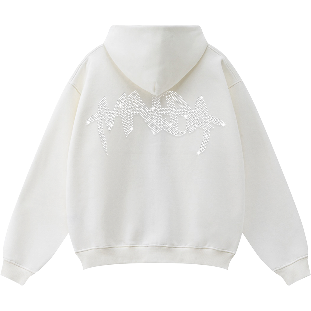 MNDA RHINESTONE ZIP UP HOODIE WHITE